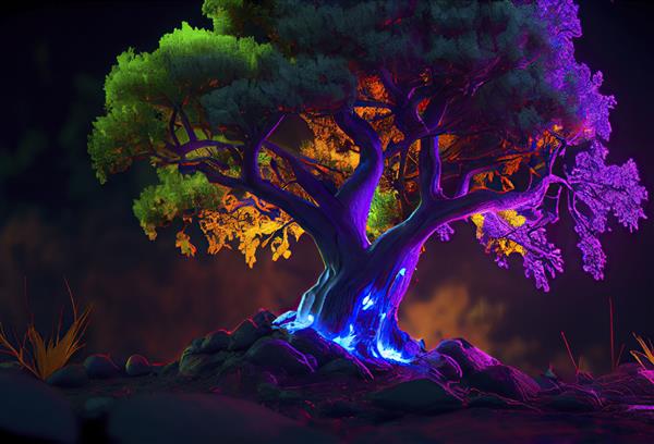 درخت فانتزی نئون چراغ های جادویی را در جنگل مولد او رنگ می کند