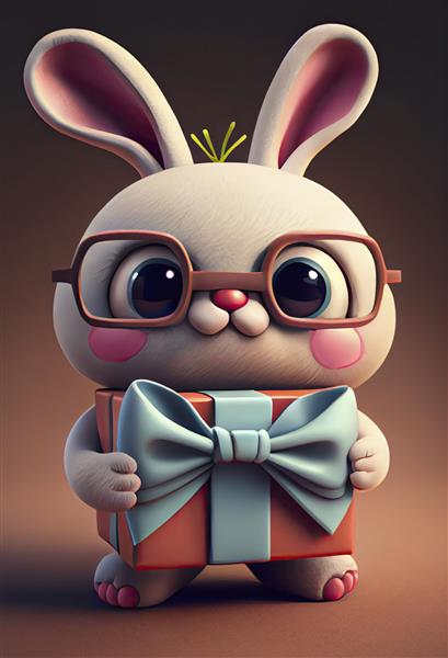 خرگوش کوچک ناز که یک شخصیت کارتونی هدیه چینی را در دست دارد