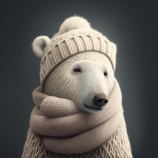 یک خرس قطبی بامزه که در یک کلاه بافتنی و روسری گرم پیچیده شده است برای تولید هوای زمستانی