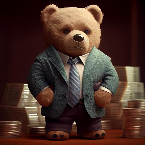 تصویر تاجر خرس عروسکی ثروتمند با پول زیاد میلیونر خرس عروسکی