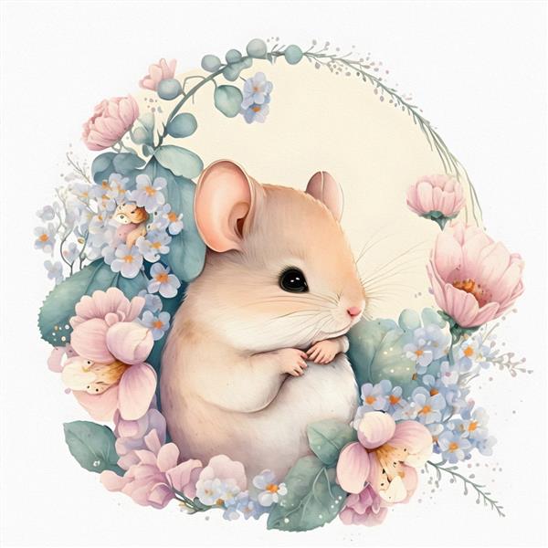 موش کوچک جوان در مزرعه در میان گل های وحشی و تصویر آبرنگ چمن نشسته است