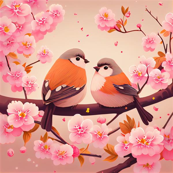 دو پرنده بانمک روی تصویر بهاری شاخه درخت شکوفه گیلاس نشسته اند