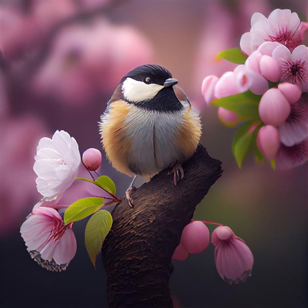 پرنده ناز نشسته روی شاخه درخت شکوفه گیلاس تصویر زیبای بهاری