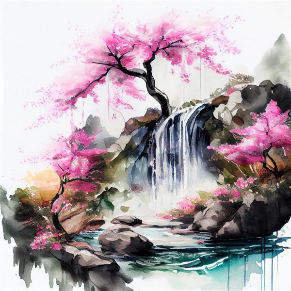درخت ساکورا با شکوفه گیلاس با آبرنگ با گل های صورتی و تصویر منظره آبشار