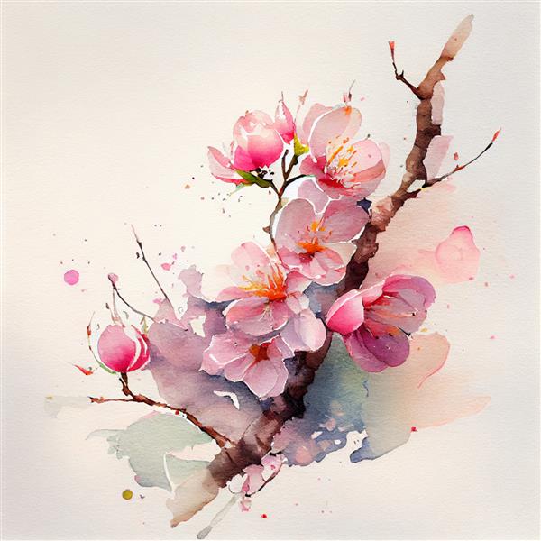 تصویر آبرنگ گل های ساکورا و شاخه های شکوفه گیلاس