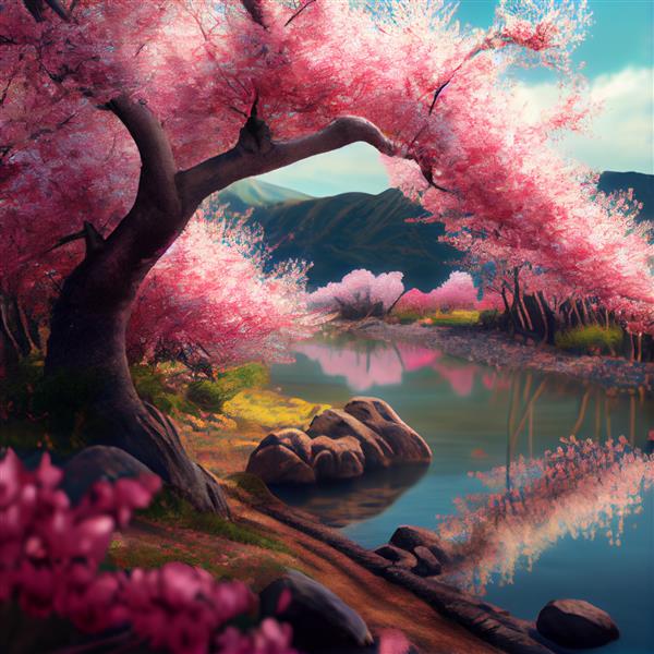 درختان شکوفه گیلاس و دریاچه در تصویر کوه مناظر ژاپنی