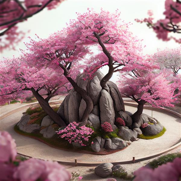 درخت شکوفه گیلاس در باغ ژاپنی در تصویر چشم انداز بهاری