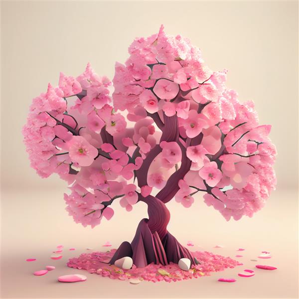 رندر سه بعدی بونسای شکوفه های گیلاس درخت مینیاتوری زیبای ساکورا صورتی
