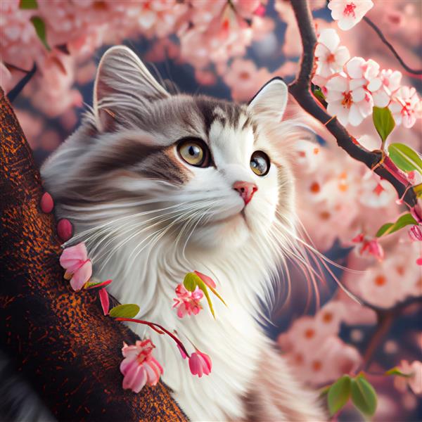 گربه وحشی ناز در تصویر گربه شاخه شکوفه گیلاس درخت ساکورا