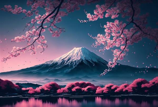 شکوفه های گیلاس بهاره با کوه فوجی در پس زمینه مولد ai