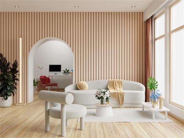 اتاق نشیمن با مبل و صندلی راحتی در دو رنگ دیواری به سبک موجی مینیمالیست