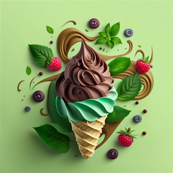 بستنی شکلاتی روی پس‌زمینه سبز Ai را ایجاد کرد