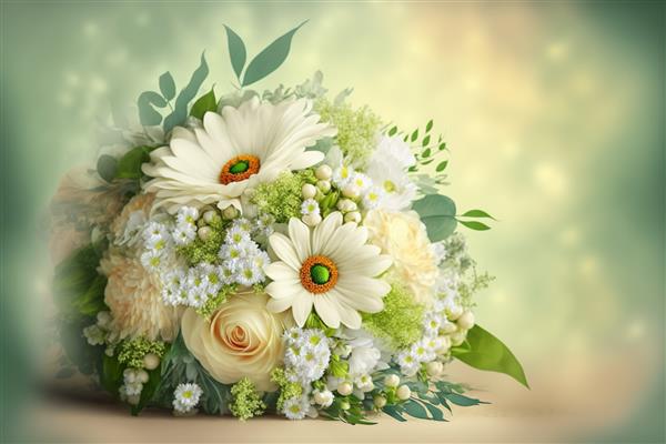 دسته گل عروس گل های تابستانی سفید مفهوم عروسی فضایی را کپی می کند