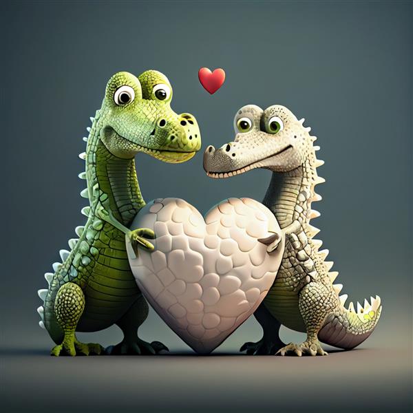 زوج تمساح یا تمساح عاشق قلب ها تصویر رندر سه بعدی