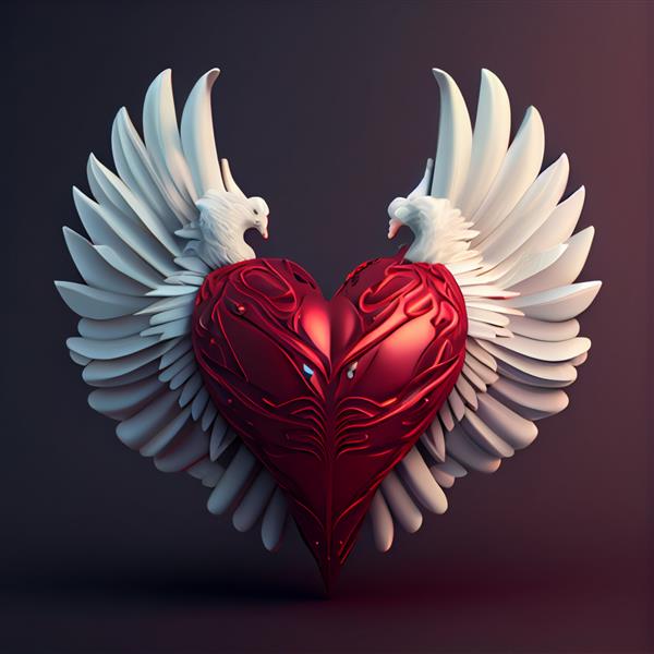 قلب بالدار قلب قرمز با بالهای سفید تصویر رندر سه بعدی مفهوم ولنتاین را دوست دارد