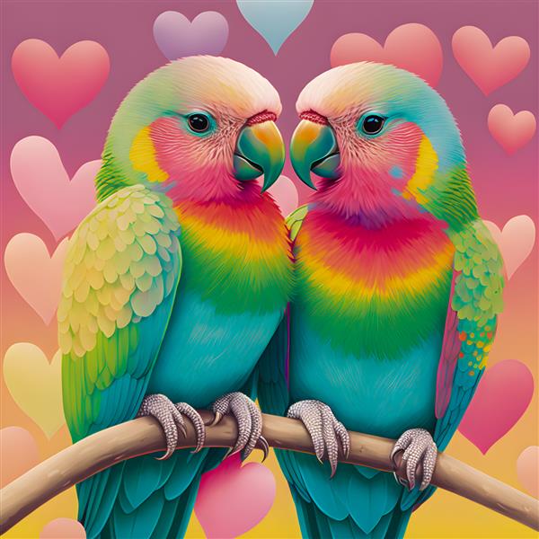 تصویر دو طوطی عشق در رنگ های رنگین کمان