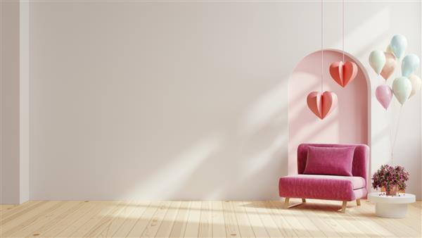 اتاق داخلی ولنتاین دارای صندلی راحتی قرمز و دکور خانه برای روز ولنتاین است