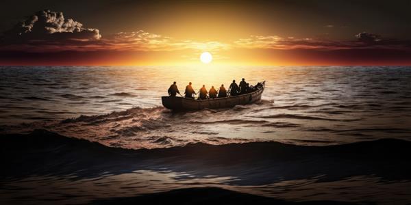 مهاجران و پناهندگان با یک قایق در اقیانوس مولد سفری خطرناک را انجام می دهند
