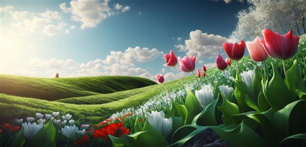 چشم انداز بهاری ایده آل با تپه های سرسبز و گل های لاله زایشی