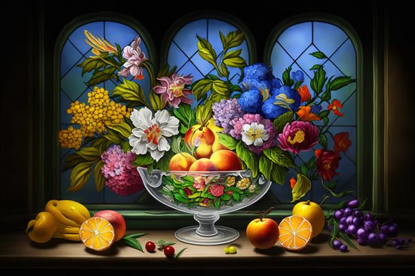 تصویر میوه ها و دسته گل های زیبا روی میز مولد ai