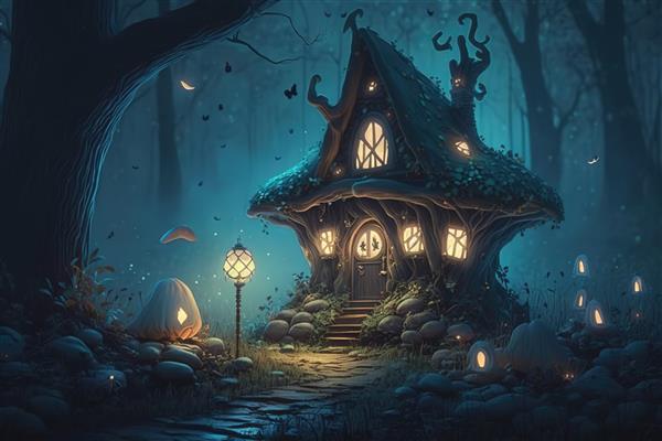 تصویری جادویی از خانه جادوگر ساخته شده از چوب تیره با قارچ‌های درخشان و جنگل‌آفرینی شبانه