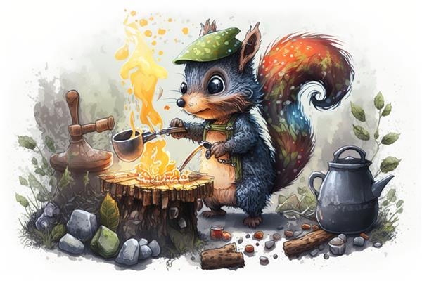 یک سنجاب زیبا و ناز غذا را در قابلمه ای روی آتش می پزد