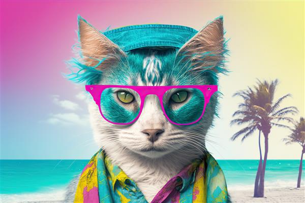 بچه گربه ناز با عینک آفتابی روی چشمانش و پاناما در جزیره گرمسیری مولد ai