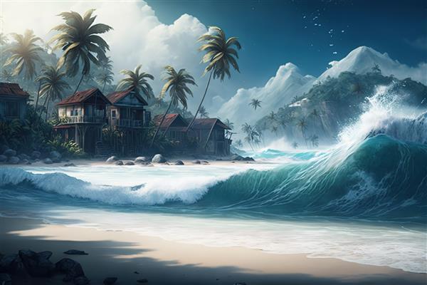 تصویری خارق‌العاده از موج سونامی در ساحل استوایی با کلبه‌ها و درختان نخل مولد او