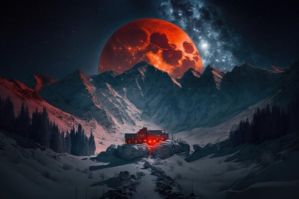 آسمان شب ستاره ای با توپ آتشین بر فراز کوه های برفی و خانه ای مولد او