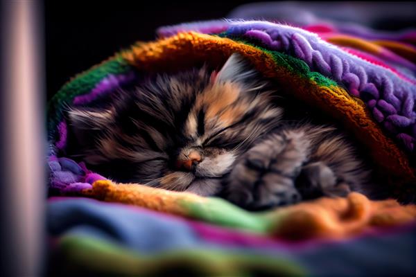یک بچه گربه کرکی زیبا در یک پتوی گرم روشن و مولد می خوابد