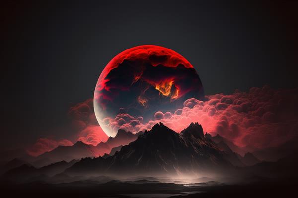 ماه قرمز بزرگ در آسمان با ابرهای سیاه بر فراز صخره ها و کوه ها مولد ai