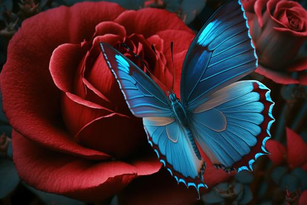 یک پروانه آبی زیبا روی یک گل قرمز بزرگ مولد ai نشسته است