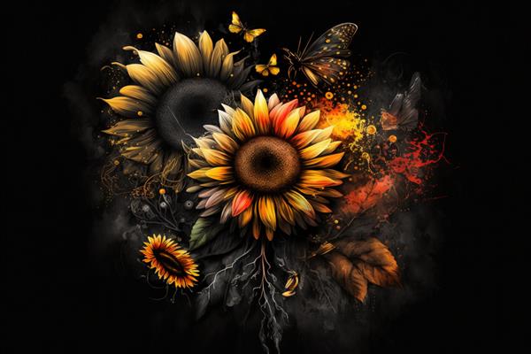 دسته گل آفتابگردان زرد روشن و یک پروانه در پس زمینه مشکی مولد ai