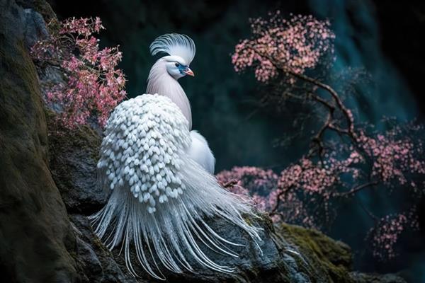 طاووس سفید زیبا در پس زمینه صخره های درختان گلدار و آب روان مولد Ai