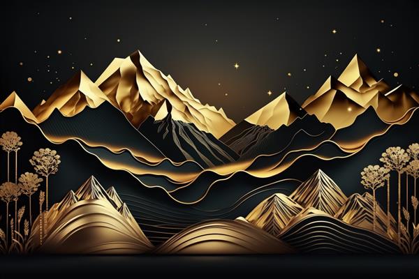 آسمان شب کوه‌های طلایی و تاریک با چاپ مینیمالیستی زیبای ستاره‌ها برای دکور شما برای تبریک کارت پستال و ایجاد پوستر