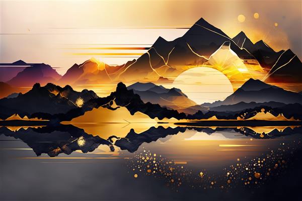 کوه های طلایی و خورشید دریاچه بر فراز کوه چاپ زیبای مینیمالیستی برای دکوراسیون شما برای تبریک کارت پستال و ایجاد پوستر