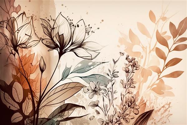 گل‌هایی با طرح کلی مشکی و برگ‌های بژ روی پس‌زمینه‌ای روشن چاپ مینیمالیست زیبا برای دکوراسیون شما برای تبریک کارت پستال و پوستر تولیدی
