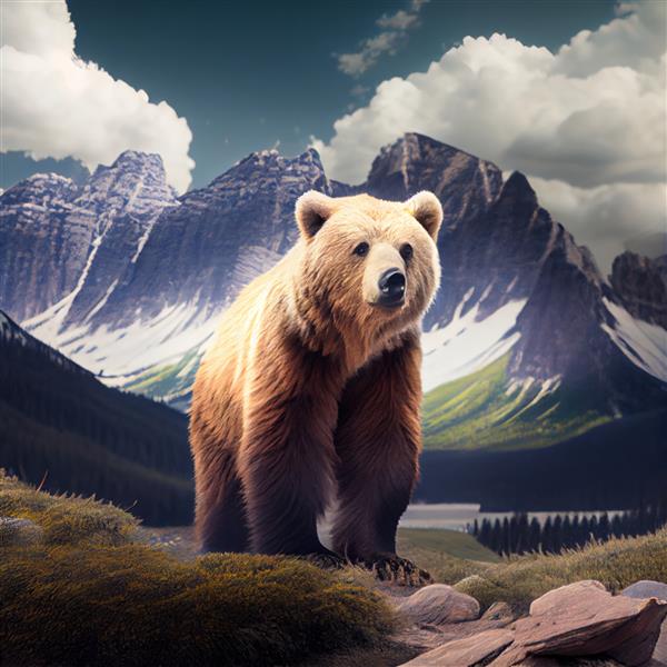 یک خرس قهوه‌ای در زمینی با کوه‌ها در پس‌زمینه ایستاده است