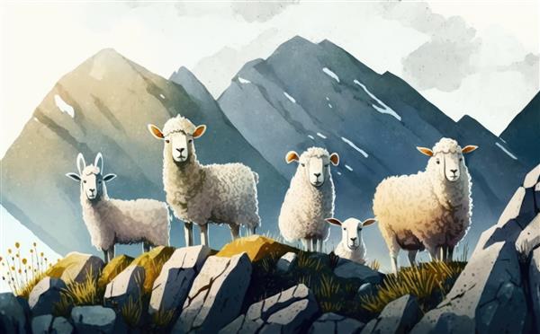 نقاشی از گوسفندان ایستاده بر روی کوه با کوه در پس زمینه کمک تولید شده است