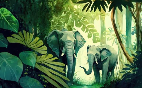 دو فیل در جنگل تصاویر آبرنگ برای بچه ها به سبک کارتونی کمک تولید شده است