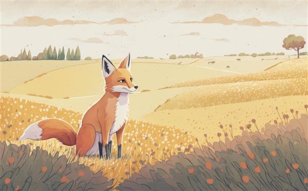روباهی در مزرعه گل نشسته است تصاویر آبرنگ برای بچه ها به سبک کارتونی کمک تولید شده است