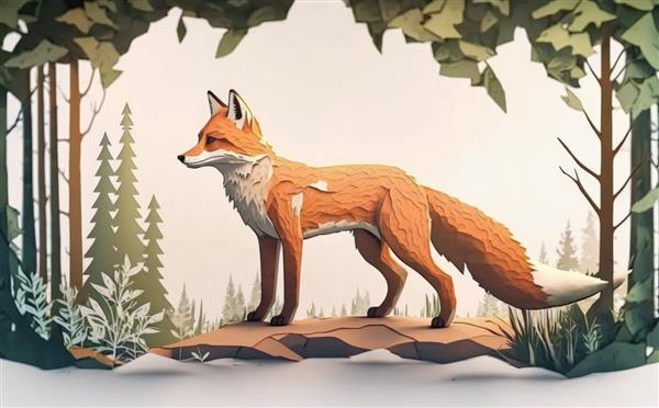 روباهی روی صخره ای در جنگل ایستاده است تصاویر برای بچه ها به سبک کارتونی کمک تولید شده است