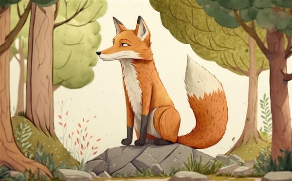 روباهی روی صخره ای در جنگل نشسته است تصاویر برای بچه ها به سبک کارتونی کمک تولید شده است