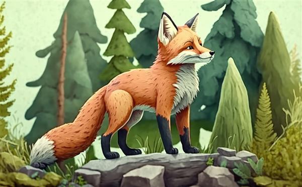 روباهی که روی صخره ای در جنگل ایستاده است تصاویر آبرنگ برای بچه ها به سبک کارتونی کمک تولید شده است
