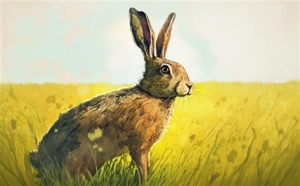 نقاشی از یک خرگوش در مزرعه ای از گل های زرد تصاویر برای بچه ها به سبک کارتونی ساخته شده است