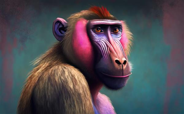 میمونی با سر صورتی و موهای قرمز تصاویر آبرنگ برای بچه ها به سبک کارتونی کمک تولید شده است