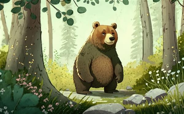 یک خرس در یک جنگل تصاویر آبرنگ برای بچه ها به سبک کارتونی کمک تولید شده است