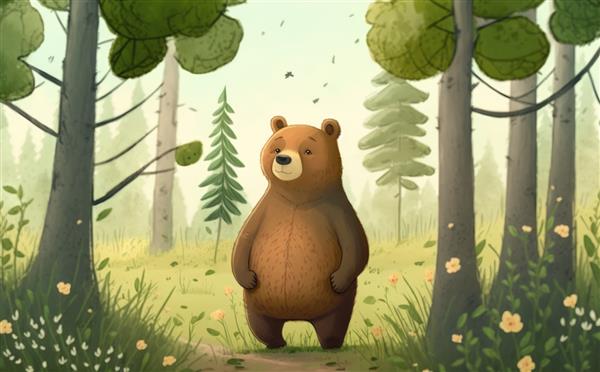 یک خرس در یک جنگل تصاویر آبرنگ برای بچه ها به سبک کارتونی کمک تولید شده است