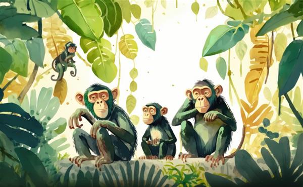 نقاشی از سه میمون که در جنگلی با پس زمینه ای سبز رنگ نشسته اند کمک تولید شده است