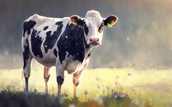 یک گاو در مزرعه ای از گل تصاویر آبرنگ برای بچه ها به سبک کارتونی کمک تولید شده است